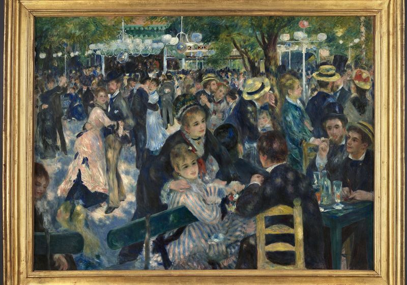 Il Ballo al Moulin de la Galette di Renoir nella cornice dorata: coppie che ballano e amici ai tavoli sotto gli alberi