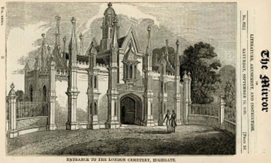 Incisione ottocentesca dell'ingresso del cimitero di Highgate, pubblicata dal periodico The Mirror