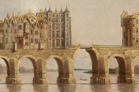 Dettaglio del vecchio London Bridge nel 1632 dal dipinto ad olio "View of London Bridge" di Claude de Jongh