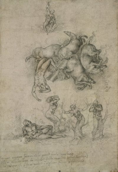 Michelangelo Buonarroti (1475–1564), the fall of Phaeton. Black chalk, over stylus underdrawing, on paper, about 1533.
© The Trustees of the British Museum